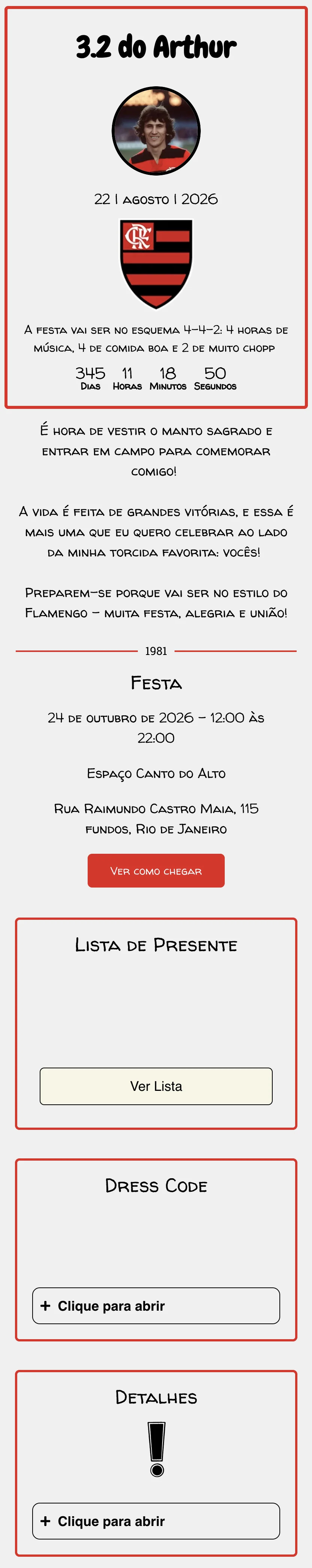 convite do flamengo virtual online de aniversario